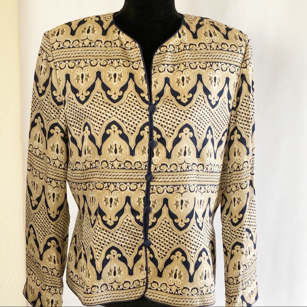 Adrianna Papell Silk Jacket Grecian Pattern Navy